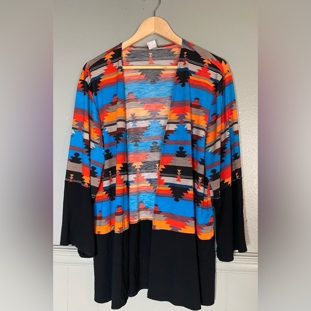 Western Aztec Print Long Sleeve Bell Cuff Womens Large Open Front Wrap